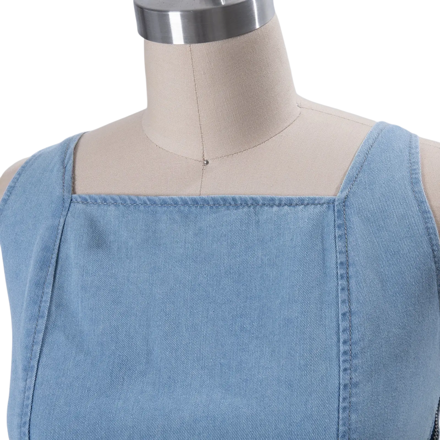 Light Blue Denim Square Neck Maxi Dress with Side Slit