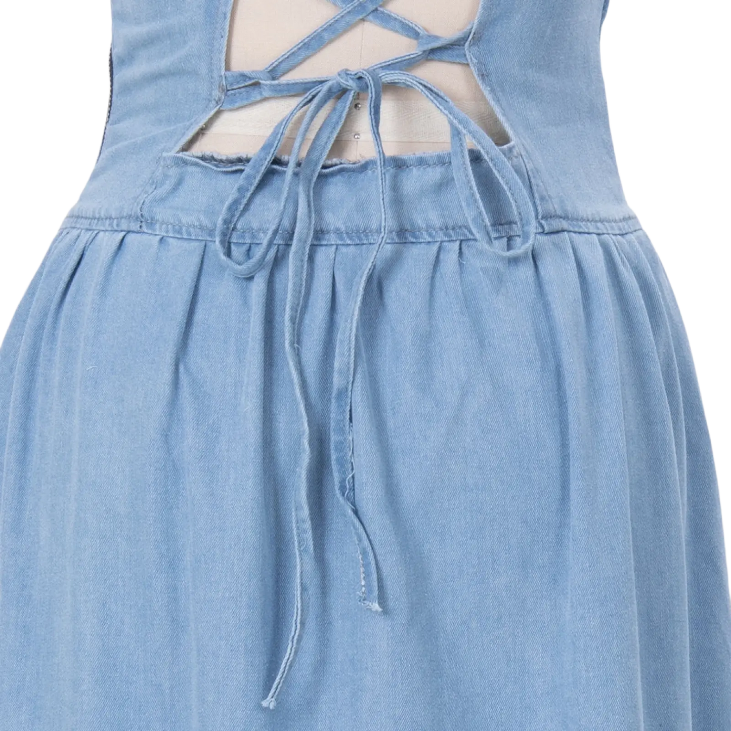 Light Blue Denim Square Neck Maxi Dress with Side Slit