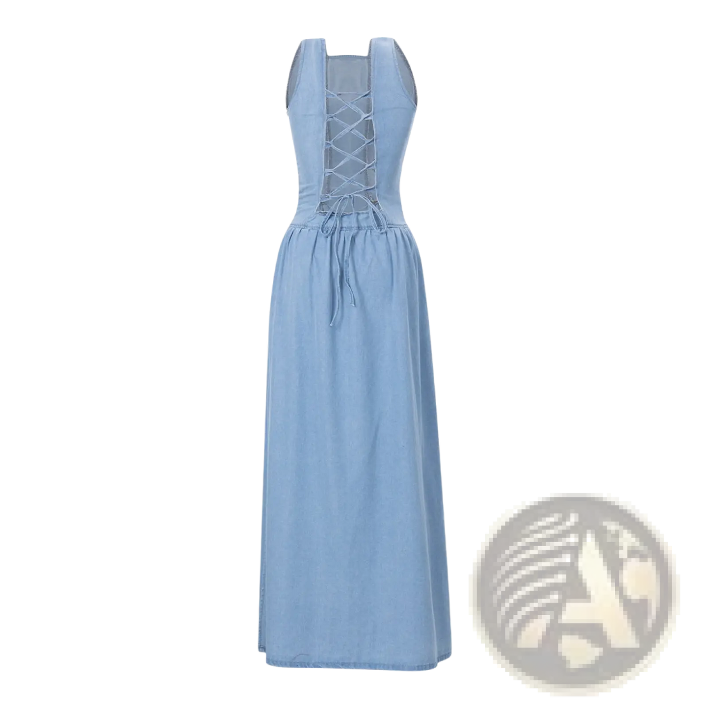 Light Blue Denim Square Neck Maxi Dress with Side Slit