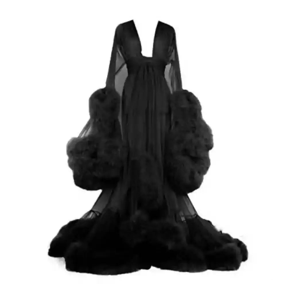 Luxurious Tulle and Fur Trim Bridal Robe Nightgown