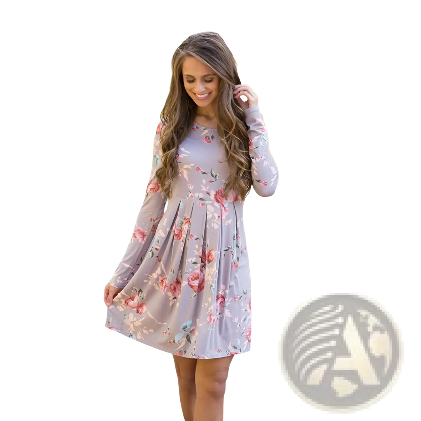 Long Sleeve Floral A-line High Waist Midi Dress
