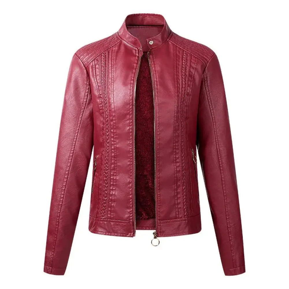 Women's Cropped Faux Leather Moto Jacket with Fleece Lining
