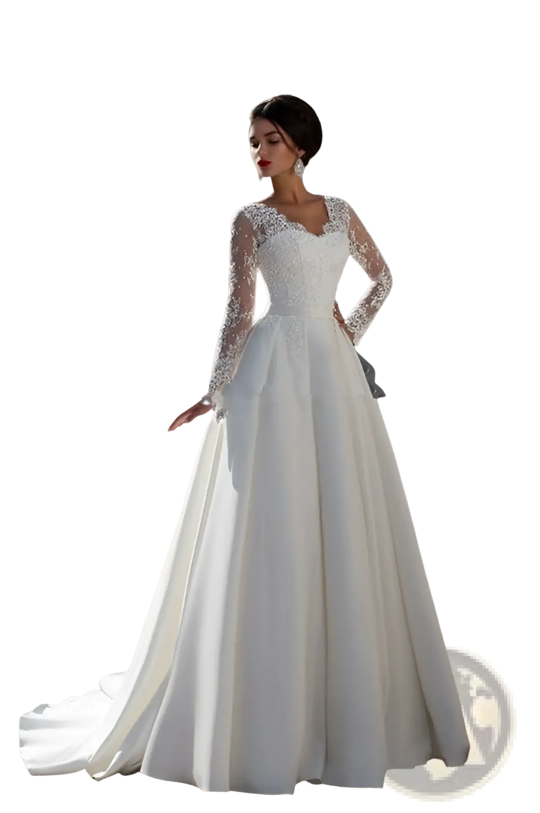 Long Sleeve v Neck Lace Back Ivory Wedding Dress