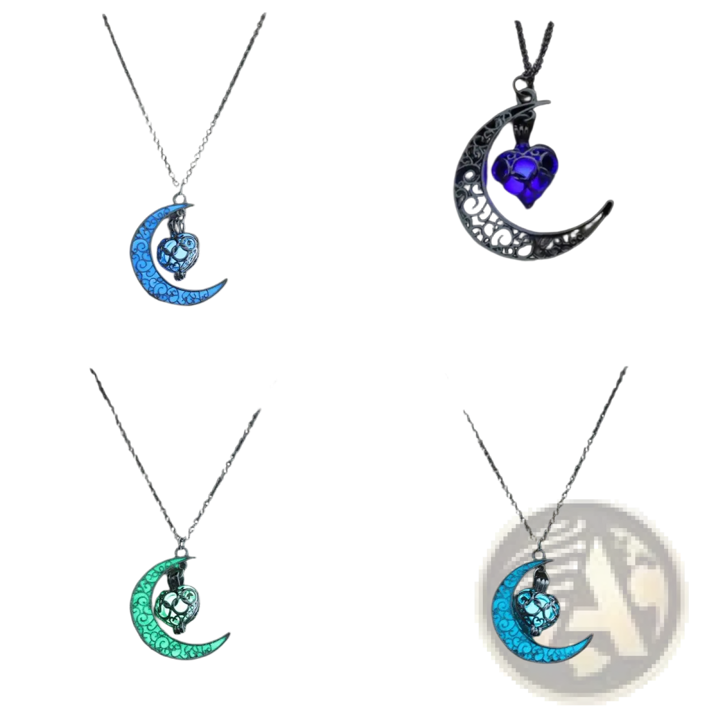 Luminous Heart and Filigree Crescent Moon Pendant Necklace