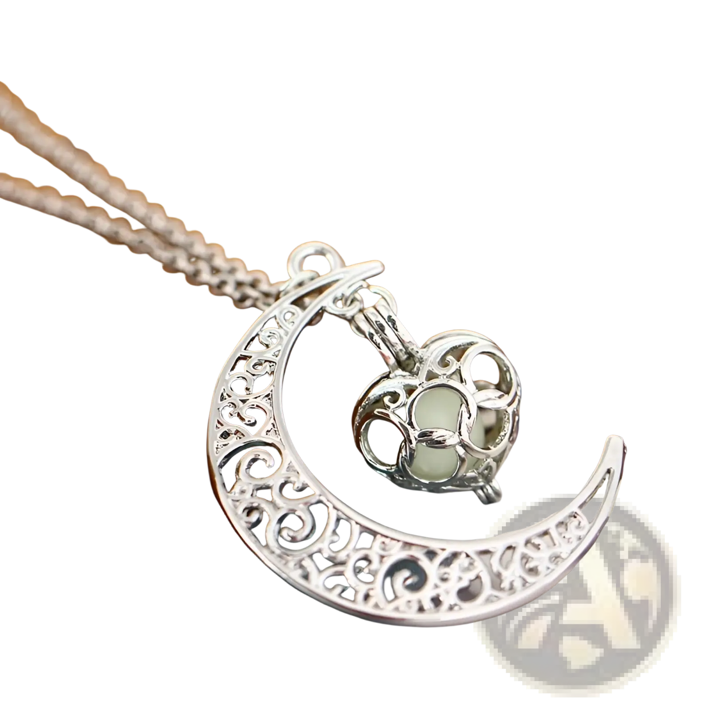 Luminous Heart and Filigree Crescent Moon Pendant Necklace