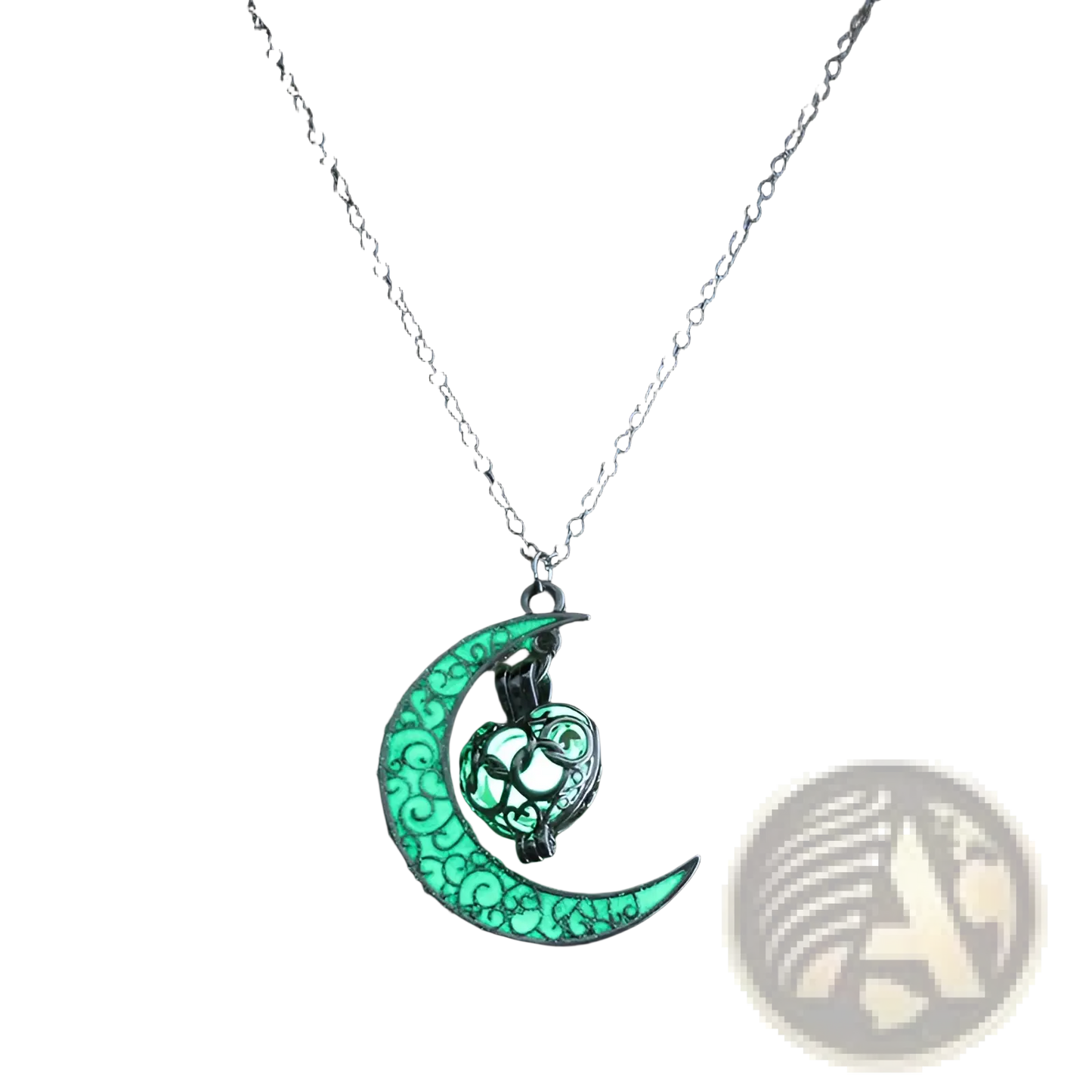 Luminous Heart and Filigree Crescent Moon Pendant Necklace