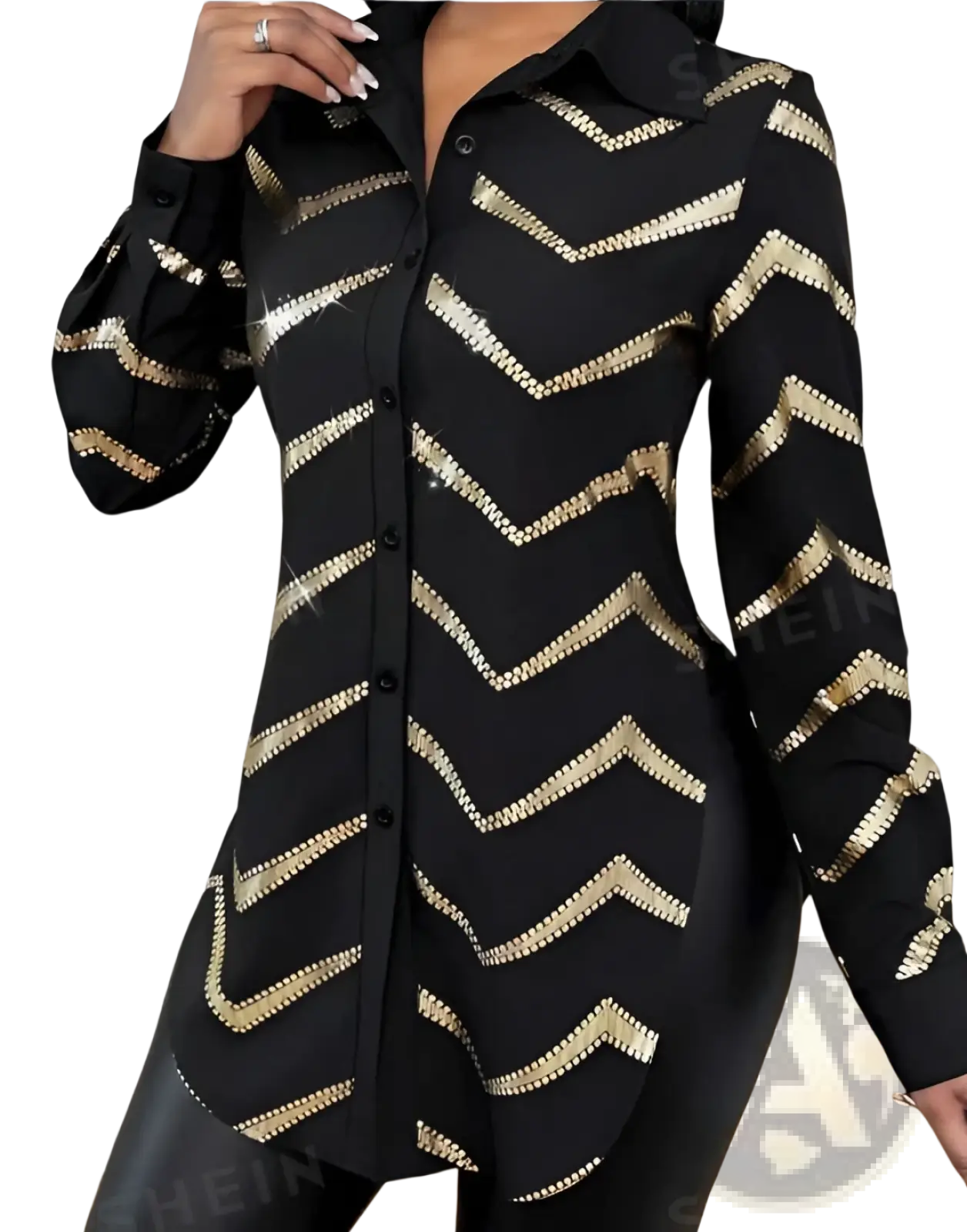 Lyxana Gold Sequin Zigzag Cinched Waist Blouse