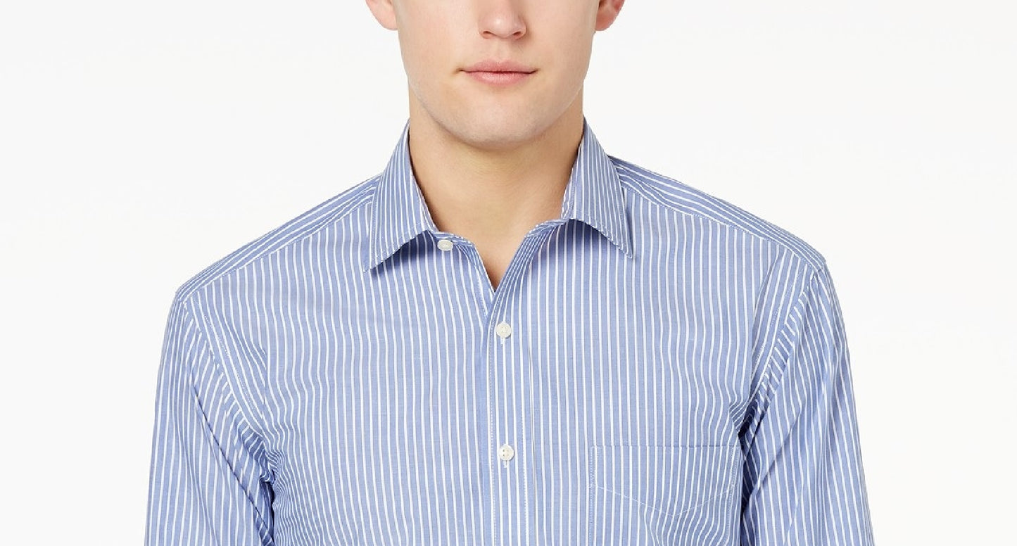Club Room Men's Regular Fit Stripe Dress Shirt Blue Size 17x32-33