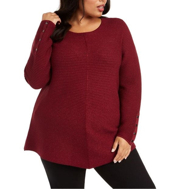 Alfani Women's Plus Size Metallic Ribbed-Knit Tunic Sweater  Red Size OX