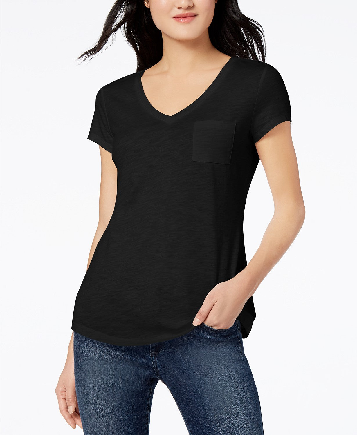 Maison Jules Women's V-Neck Patch-Pocket T-Shirt Black Size Large