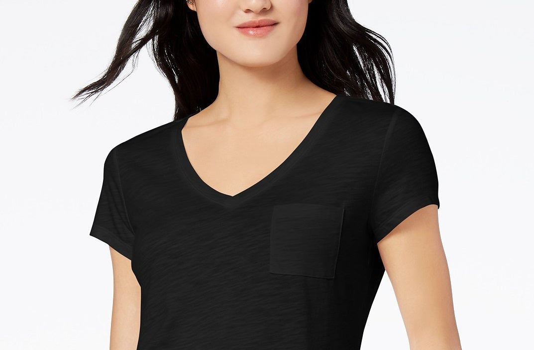 Maison Jules Women's V-Neck Patch-Pocket T-Shirt Black Size Large