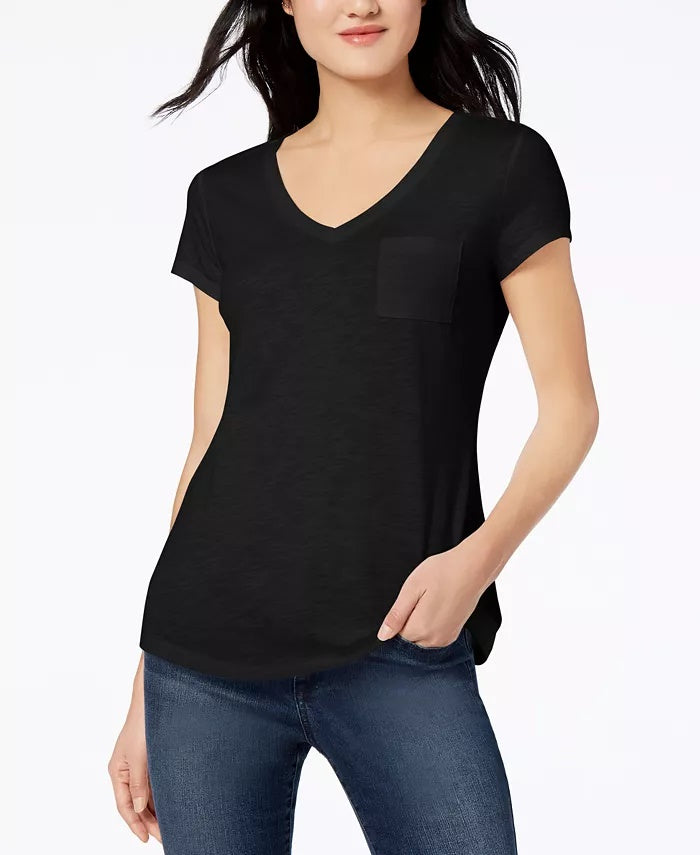 Maison Jules Women's V-Neck Patch-Pocket T-Shirt Black Size Small