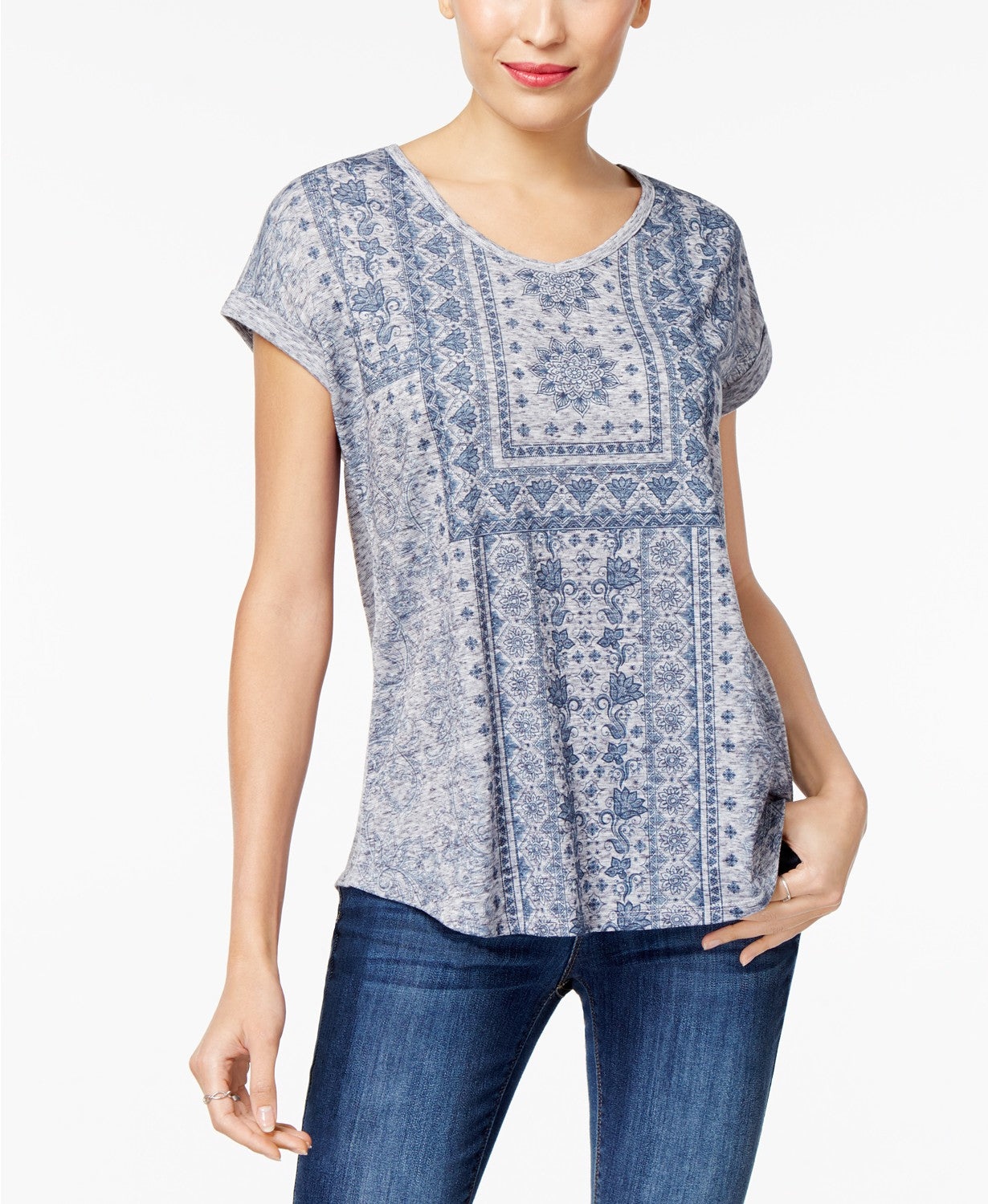 Style & Co Women's Graphic Shirttail-Hem Top Blue Size Small