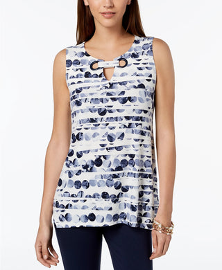 Alfani Women's Printed Grommet Neck Top Navy Size Petite Medium