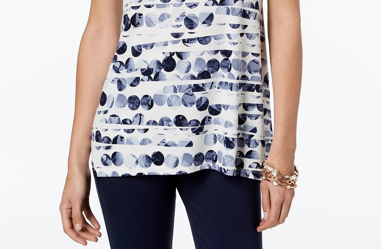 Alfani Women's Printed Grommet Neck Top Navy Size Petite Medium
