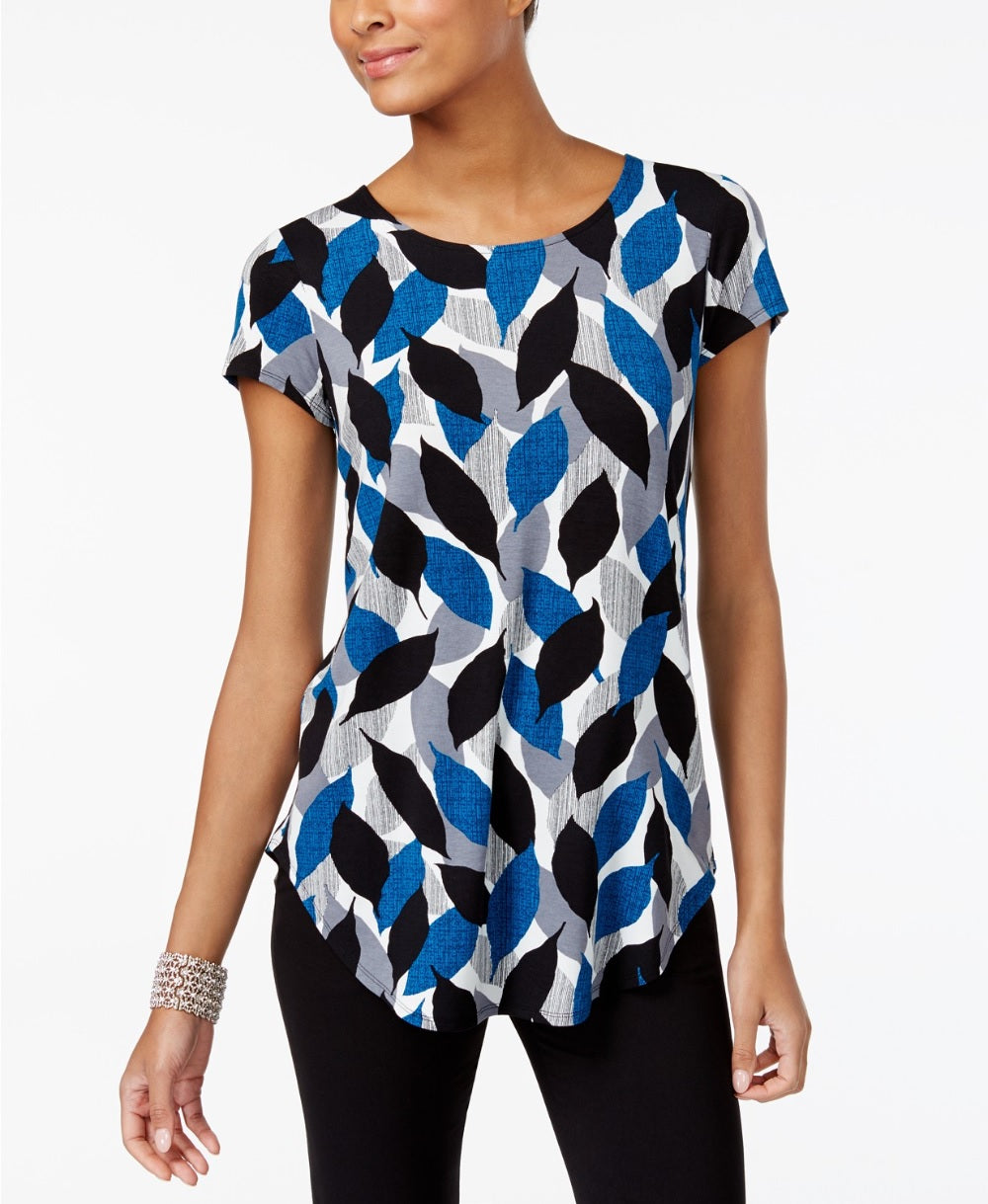 Alfani Women's Printed T-Shirt Teal Txt Leaves  Blue Size Small