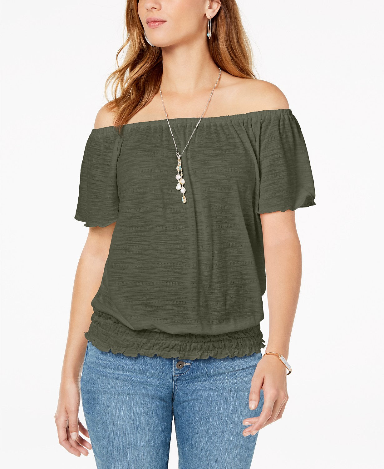 Style & Co Women's Convertible Off-The-Shoulder Top Med Green Size XS