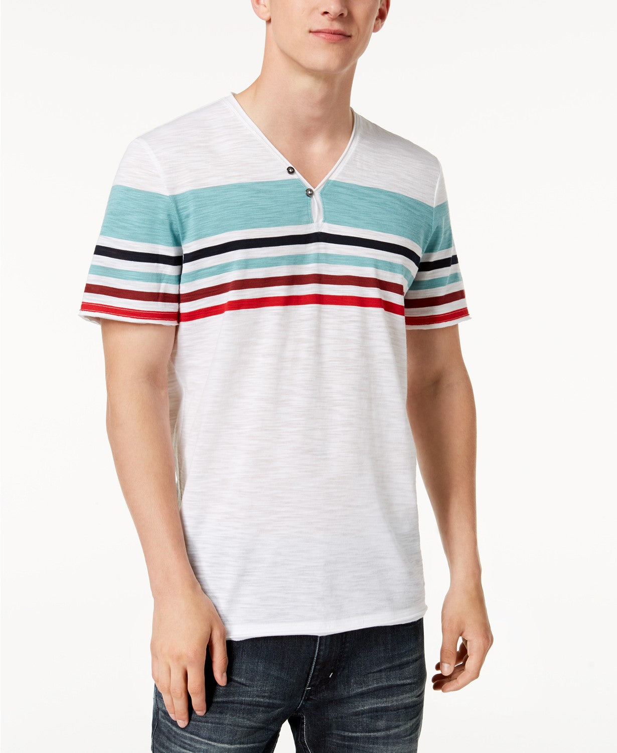 INC International Concepts Men's Striped Split Neck T-Shirt White Size Large