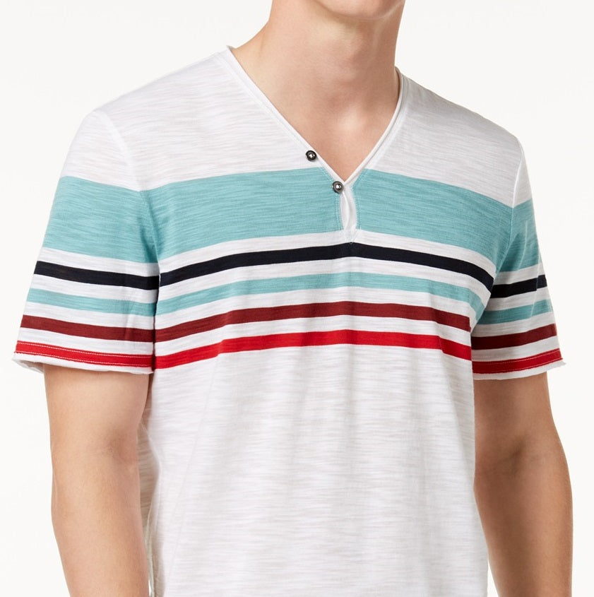 INC International Concepts Men's Striped Split-Neck T-Shirt  White Size Small
