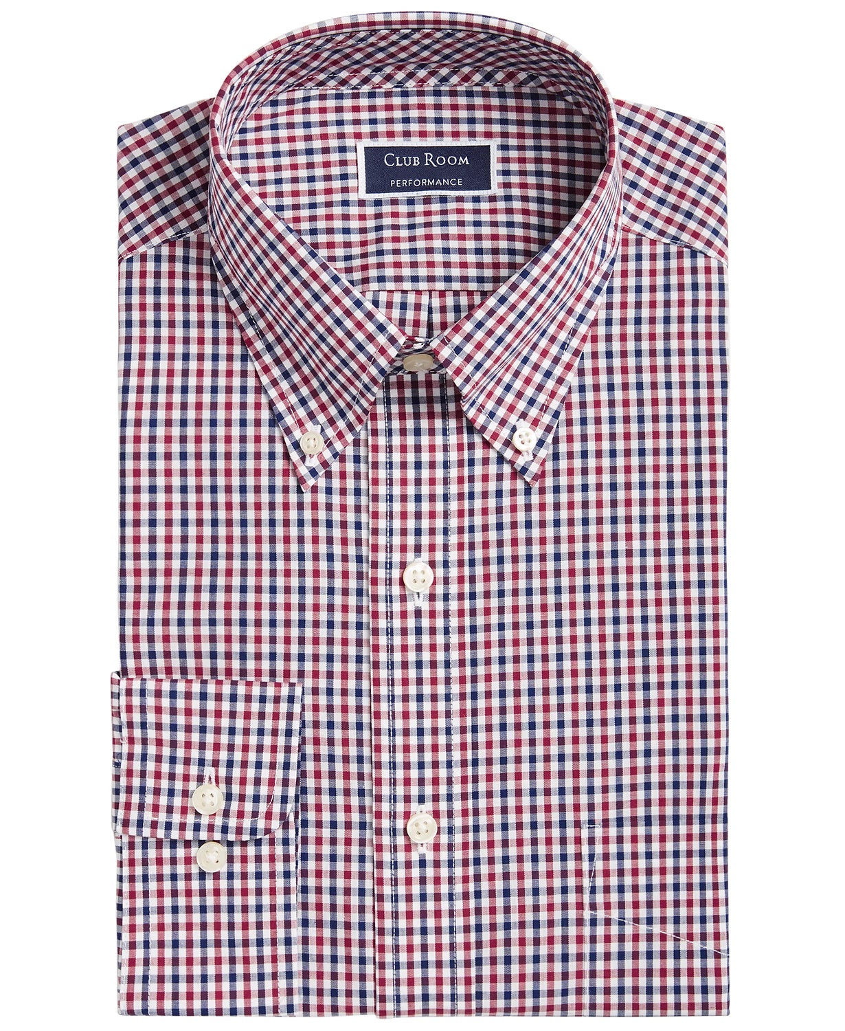 Club Room Men's Regular Fit Gingham Check Performance Dress Shirt Wine Size 34-35