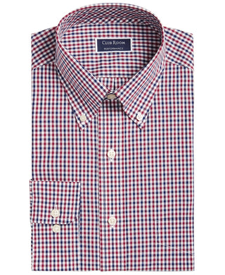 Club Room Men's Regular Fit Gingham Check Performance Dress Shirt Wine Size 34-35