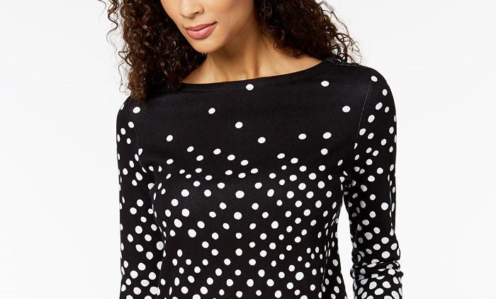 Charter Club Women's Petite Pima Cotton Button-Shoulder Print Top Black Size Medium