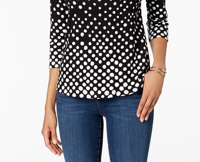 Charter Club Women's Petite Pima Cotton Button-Shoulder Print Top Black Size Medium