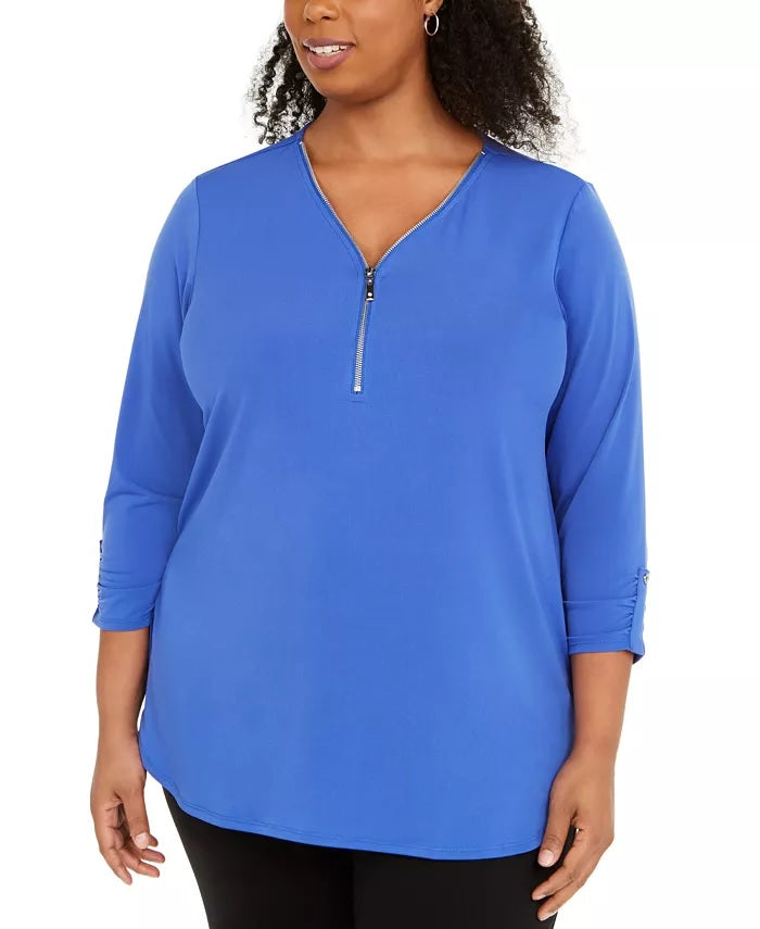 JM Collection Women's Plus Size Solid Zip Top  Dark Blue Size 0X