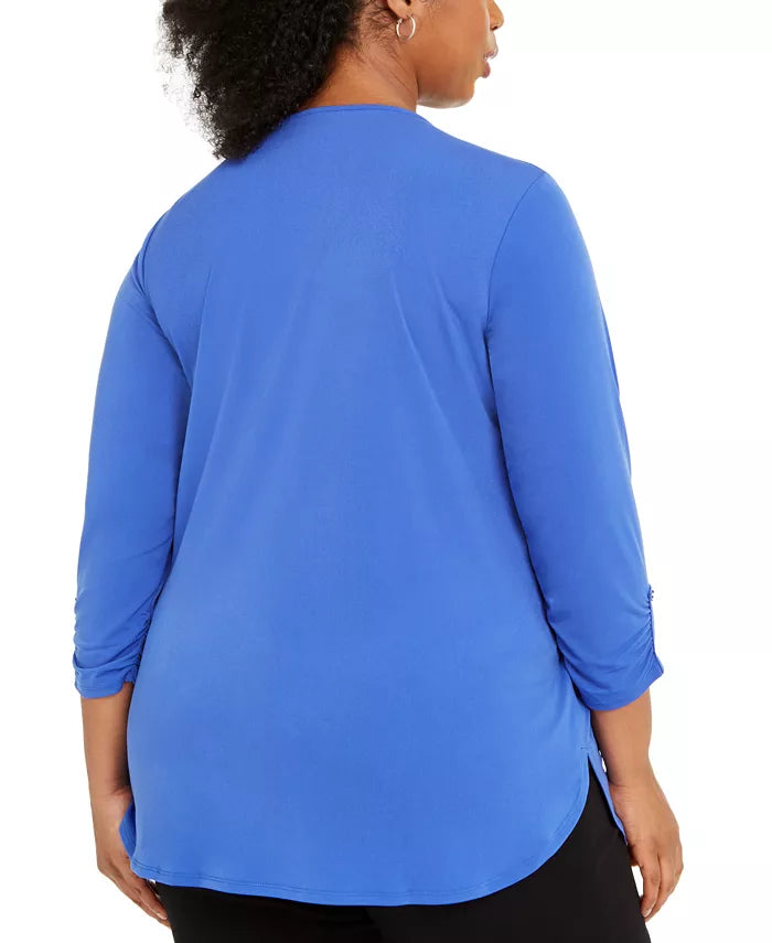 JM Collection Women's Plus Size Solid Zip Top Blue Size 1X