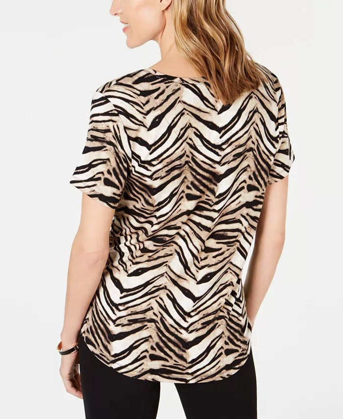 JM Collection Women's Printed Scoop-Neck Top Brown Size Small