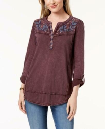Style & Co Women's Petite Cotton Embroidered Top Purple Size Petite