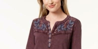 Style & Co Women's Petite Cotton Embroidered Top Purple Size Petite