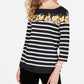 Charter Club Women's Petite Striped Floral-Print Top Black Size Medium