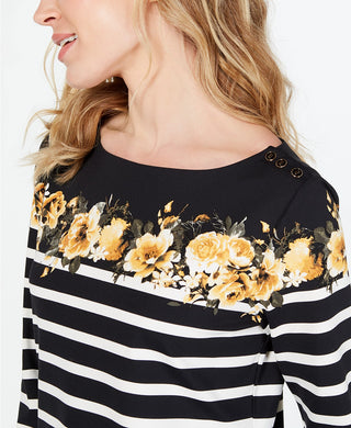 Charter Club Women's Petite Striped Floral-Print Top Black Size Medium