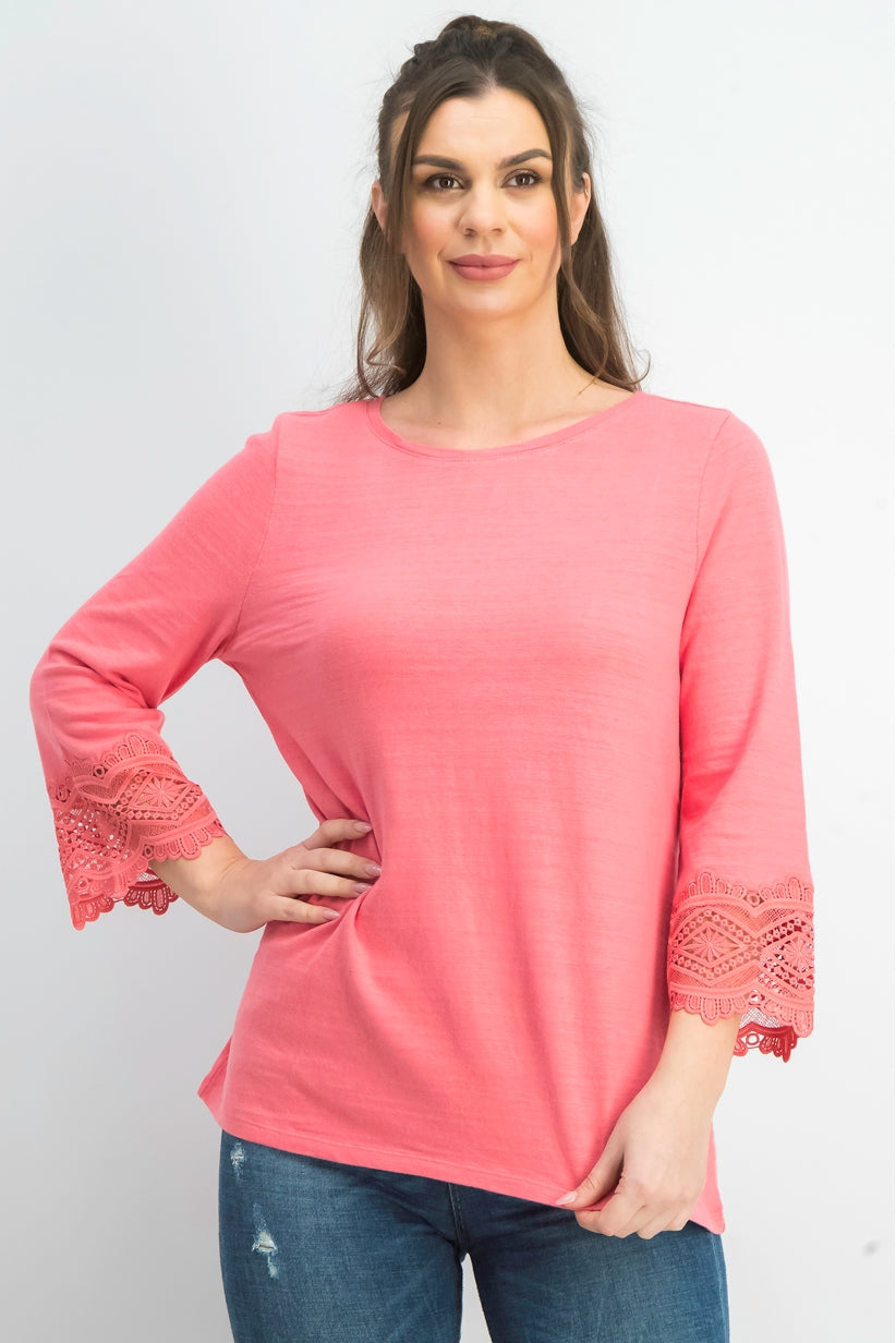 Charter Club Women's Cotton Lace-Trim Top Pink Size Medium