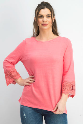 Charter Club Women's Cotton Lace-Trim Top Pink Size X-Small