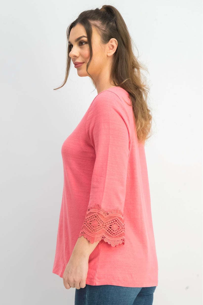 Charter Club Women's Cotton Lace-Trim Top Dark Pink Size Large