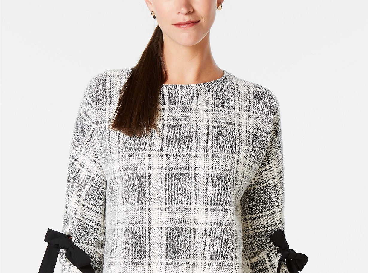 Charter Club Women's Plaid Bow-Sleeve Top Black Size Large