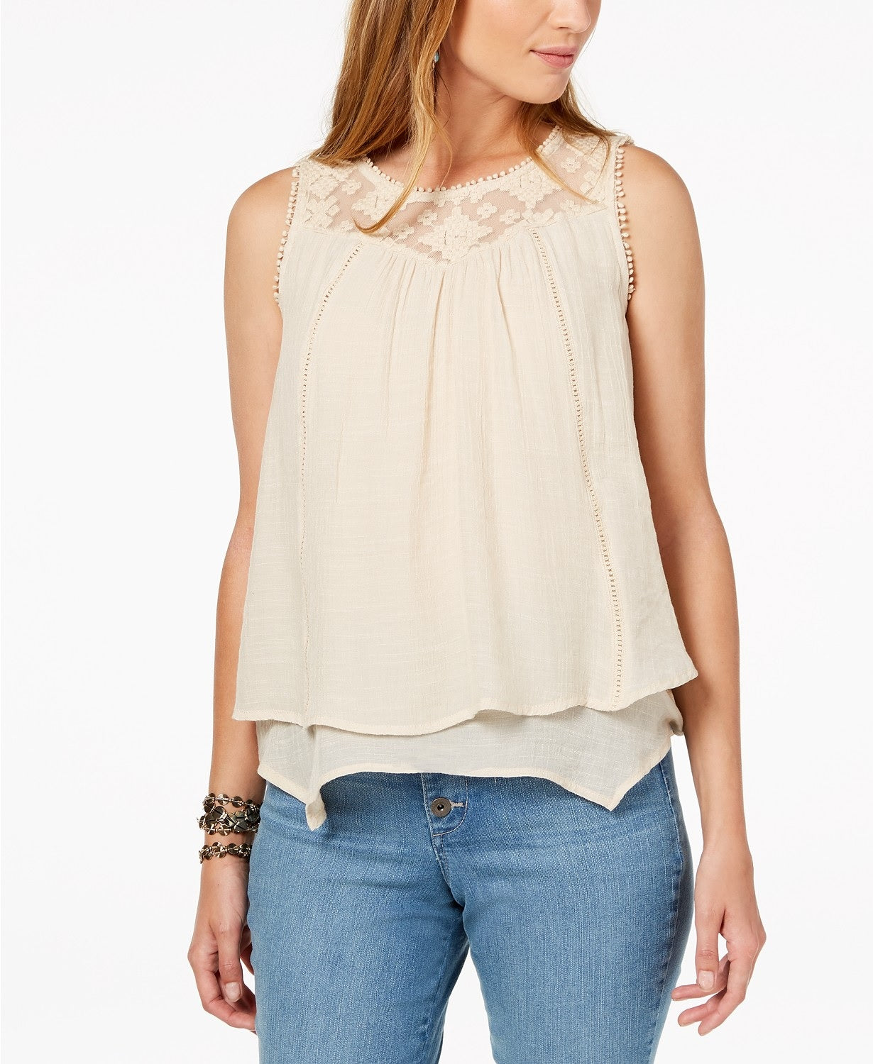 Style & Co Women's Petite Layered-Hem Lace-Trim Top  Creme Brule Size Petite Medium