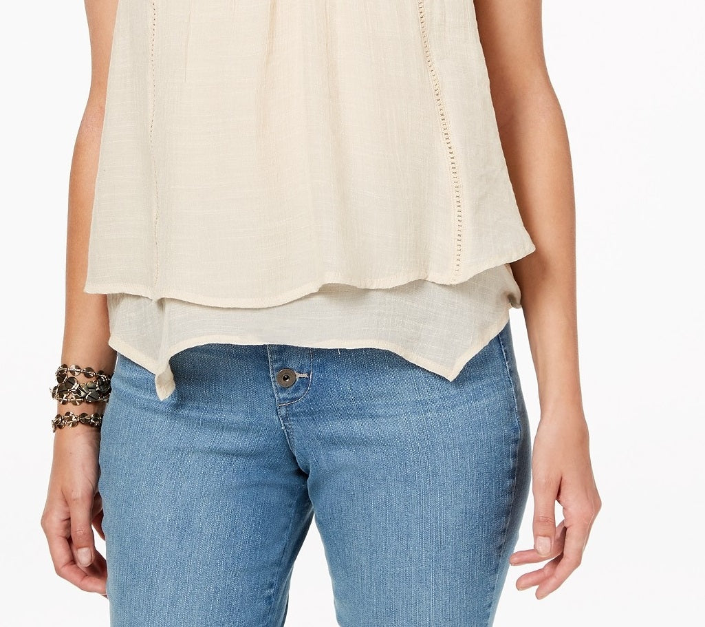 Style & Co Women's Petite Layered-Hem Lace-Trim Top  Creme Brule Size Petite Medium
