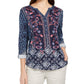 Style & Co Women's Petite Printed Roll-Tab Sleeve Top Folk Still Water Size Medium