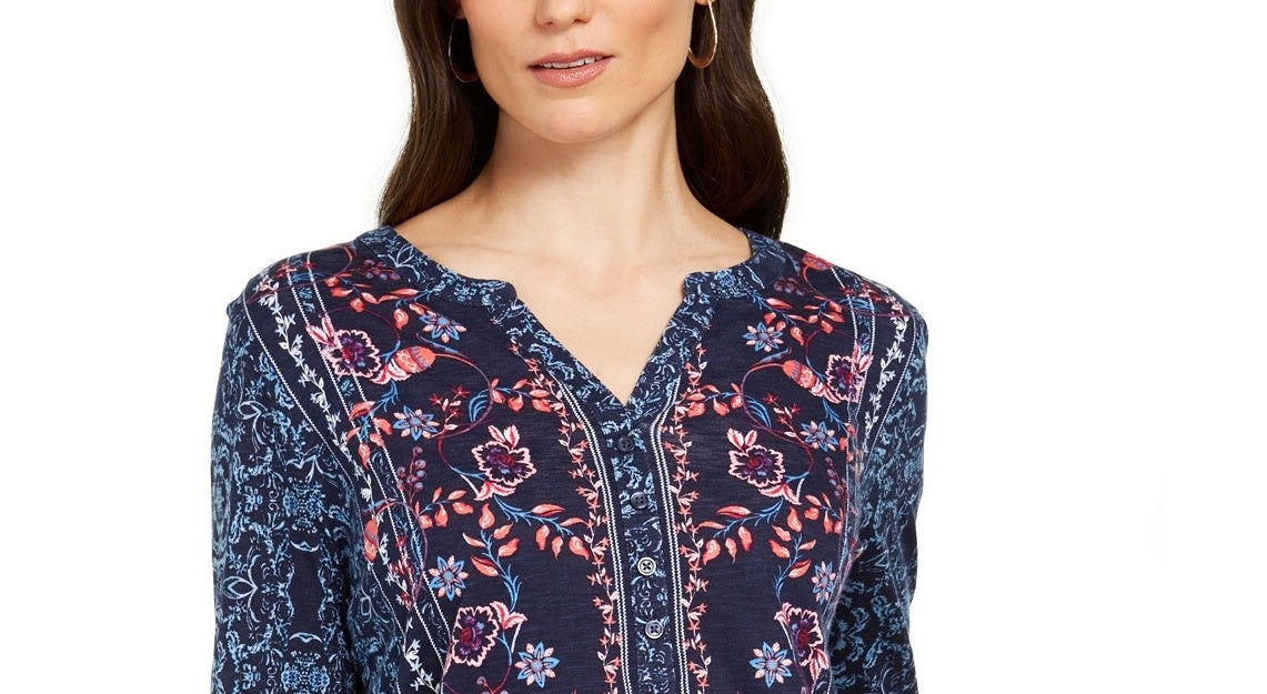 Style & Co Women's Petite Printed Roll-Tab Sleeve Top Folk Still Water Size Medium