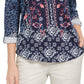Style & Co Women's Petite Printed Roll-Tab Sleeve Top Folk Still Water Size Medium