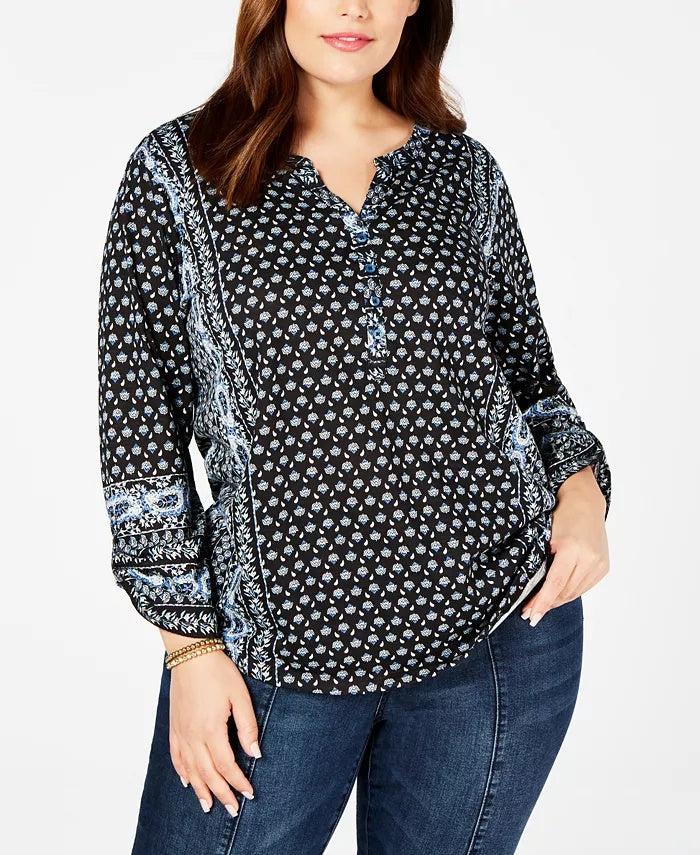 Style & Co Women's Plus Size Printed Split-Neck Top  Black Size Extra Large