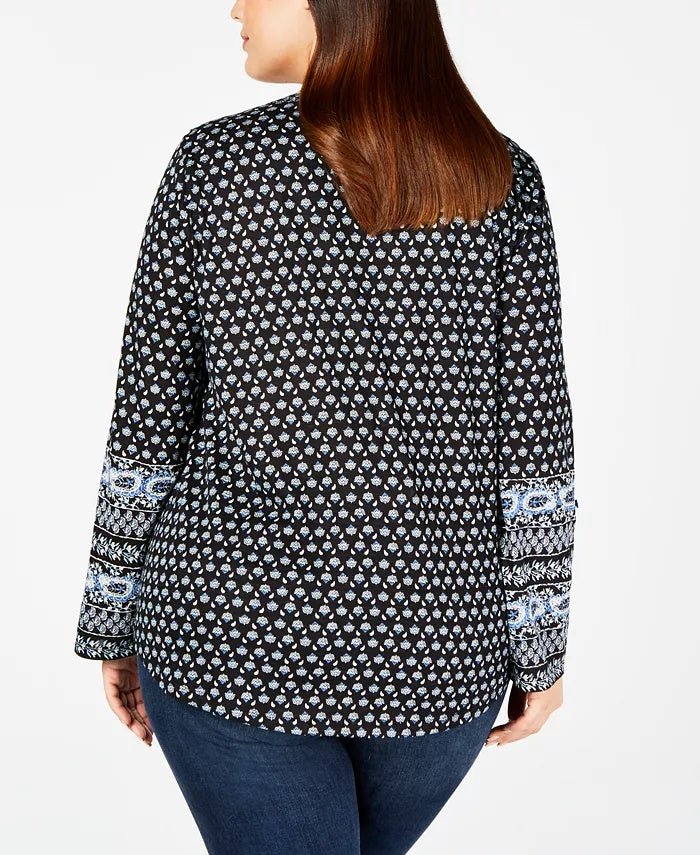 Style & Co Women's Plus Size Printed Split-Neck Top  Black Size Extra Large