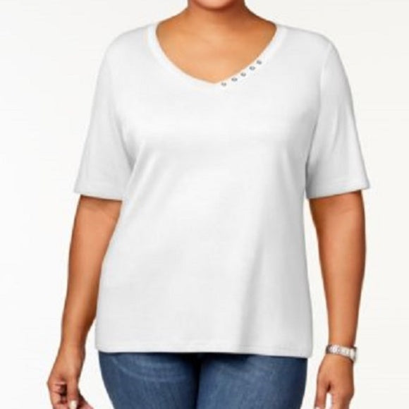 Karen Scott Women's Plus Size Cotton V-Neck Top White Size Extra Large