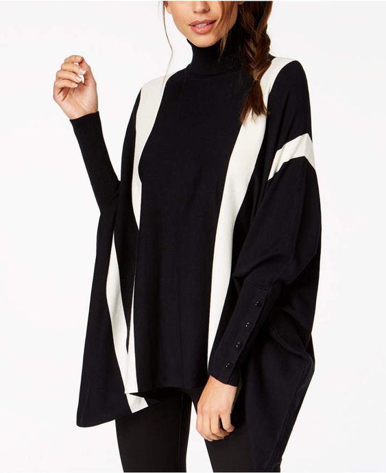 Alfani Women's Petite Striped Poncho Sweater Black Size Large