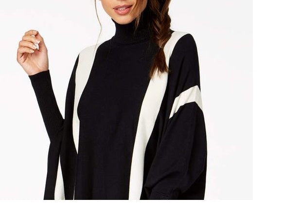 Alfani Women's Petite Striped Poncho Sweater Black Size Large