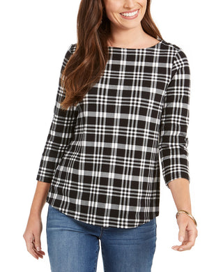Charter Club Women's  Cotton Plaid Top  Black Size Small