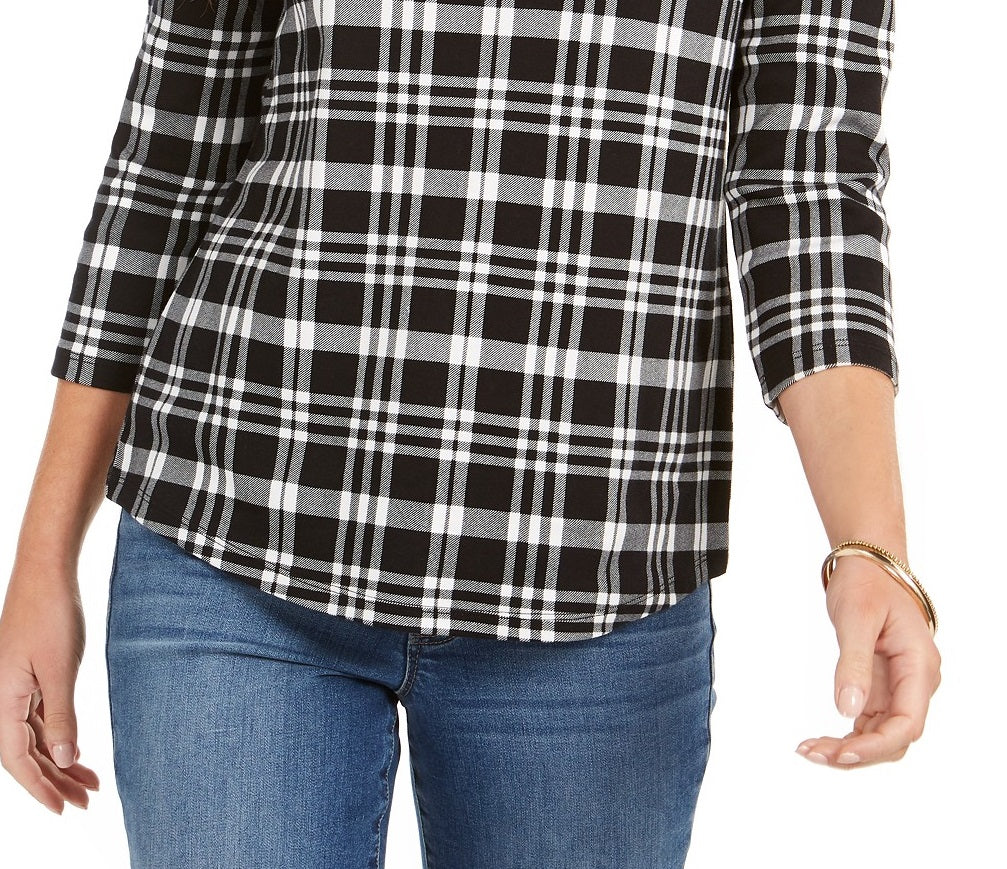 Charter Club Women's  Cotton Plaid Top  Black Size Small